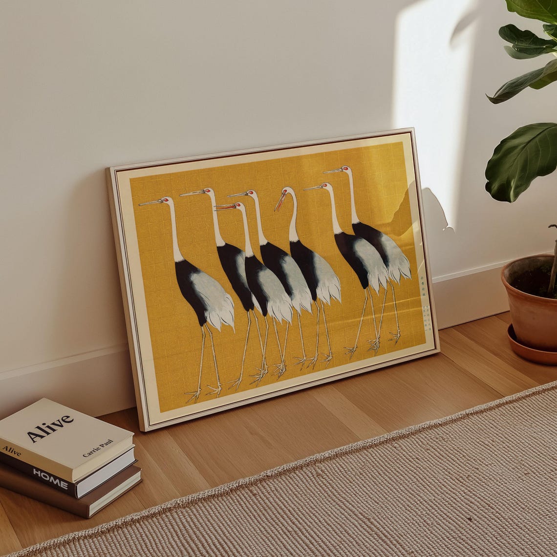 Seven Red Crowned Cranes Japanese Gold Leaf Vintage Style Art Print - Image 3
