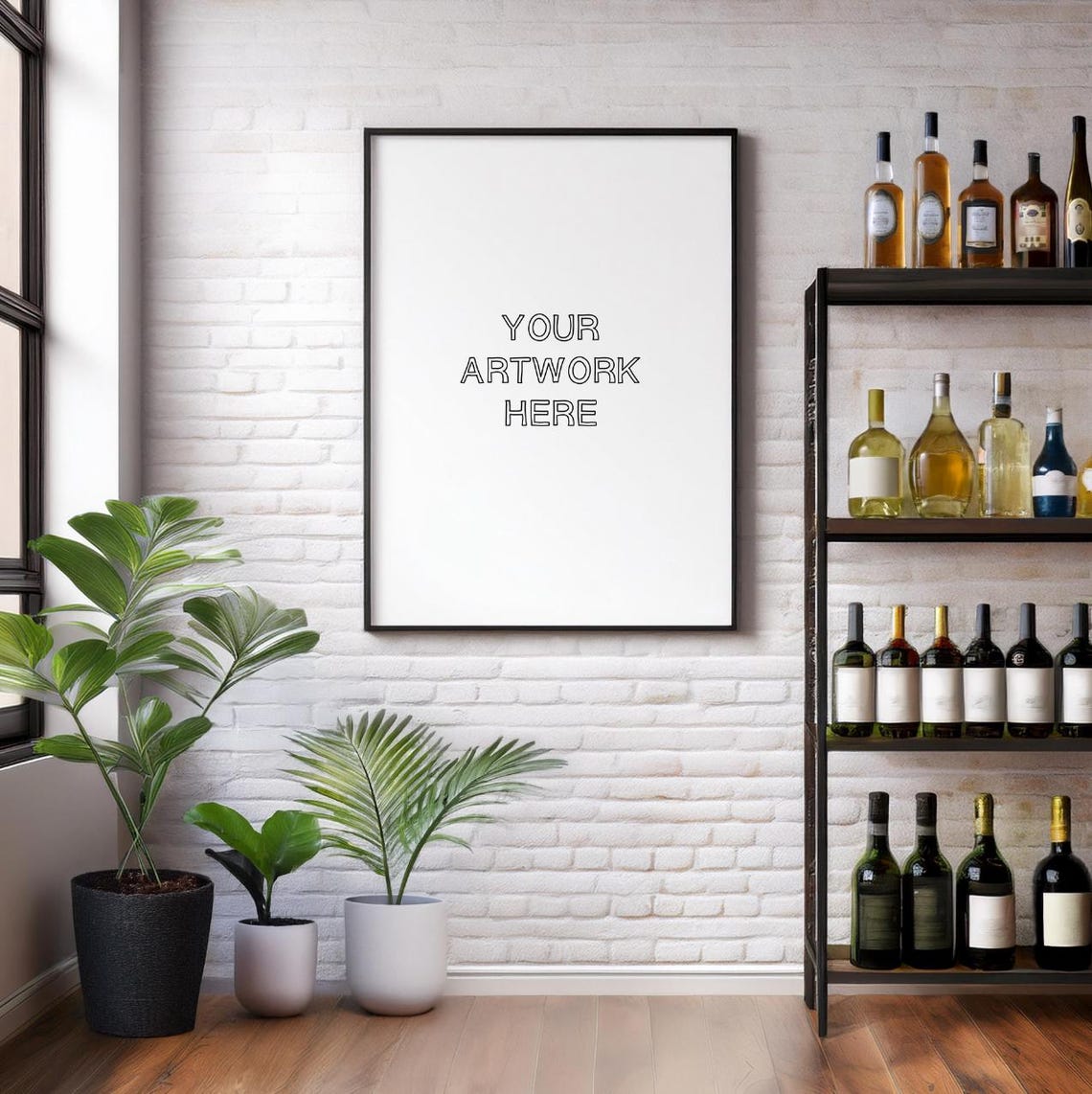 Blank Frame Mockup Bar Shelf Bottles on White Brick Wall Photo Poster - Image 2
