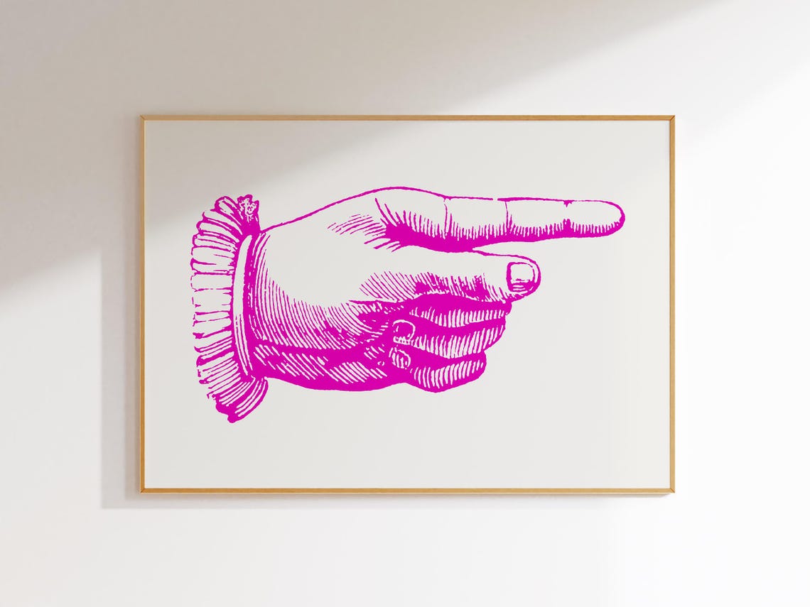 Hot Pink Pointing Hand Vintage Engraving Style Bold Wall Art