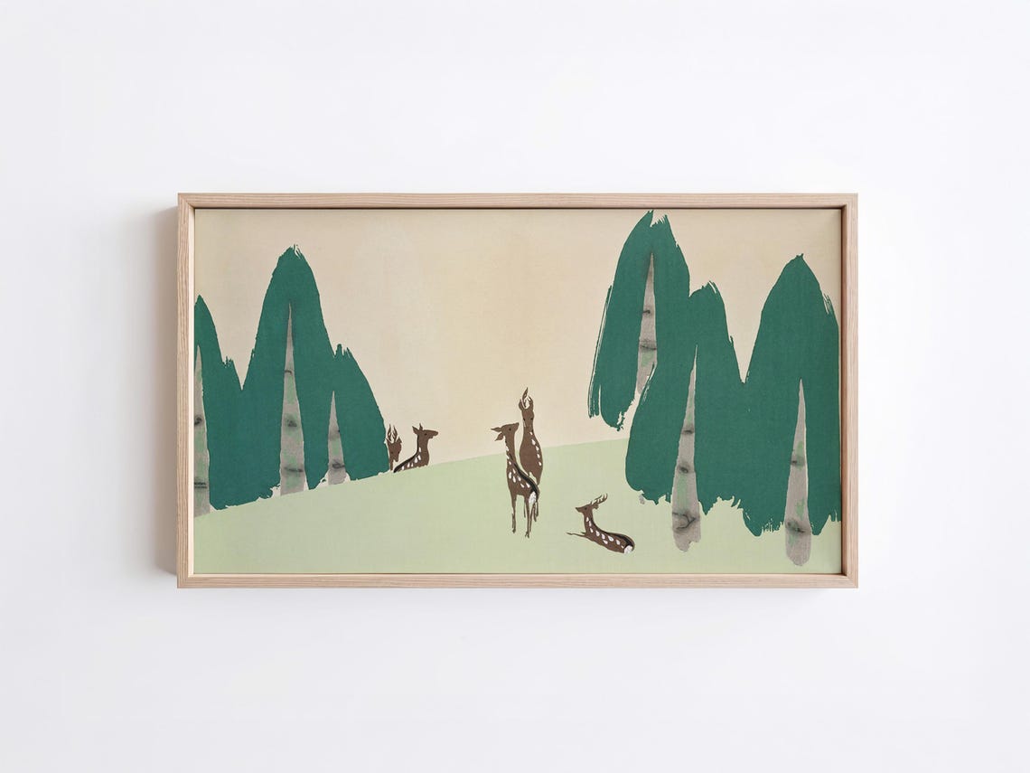 Minimalist Deer Family In Green Hills Modern Landscape Wall Art
