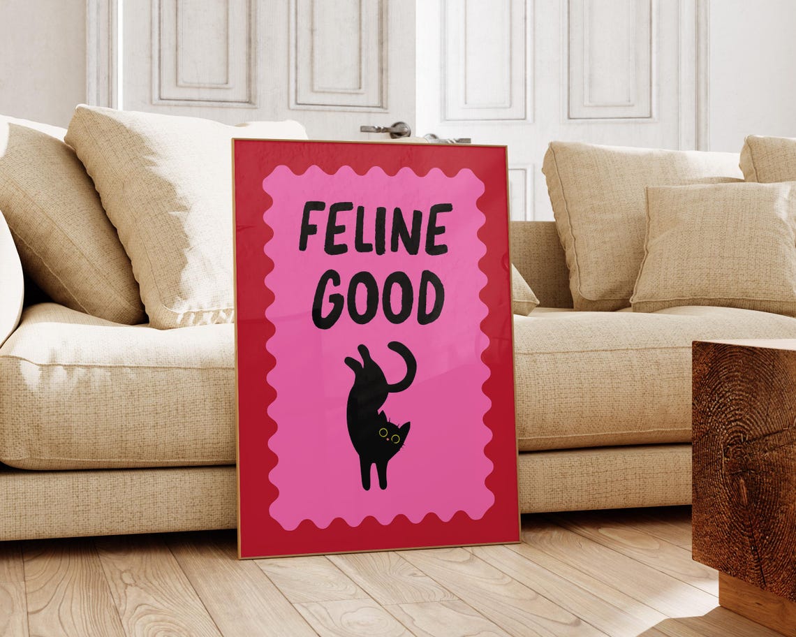 Feline Good Funny Black Cat Pink Maximalist Quote Art Poster - Image 3