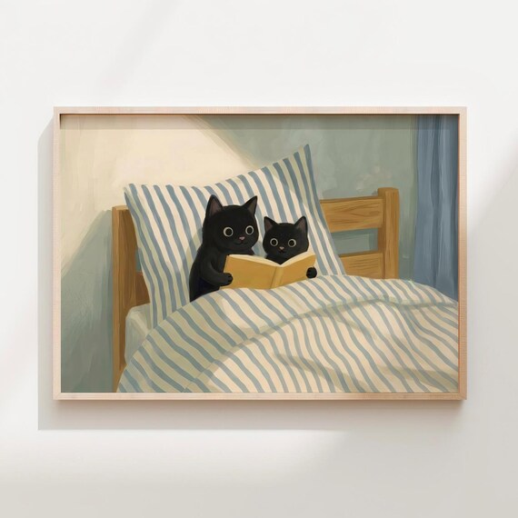 Cute Black Cats Reading In Bed Cozy Cottagecore Nursery Kitten Art Poster