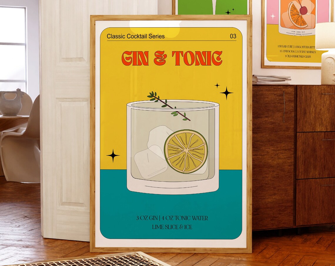 Gin And Tonic Classic Cocktail Series Recipe Bar Cart Poster