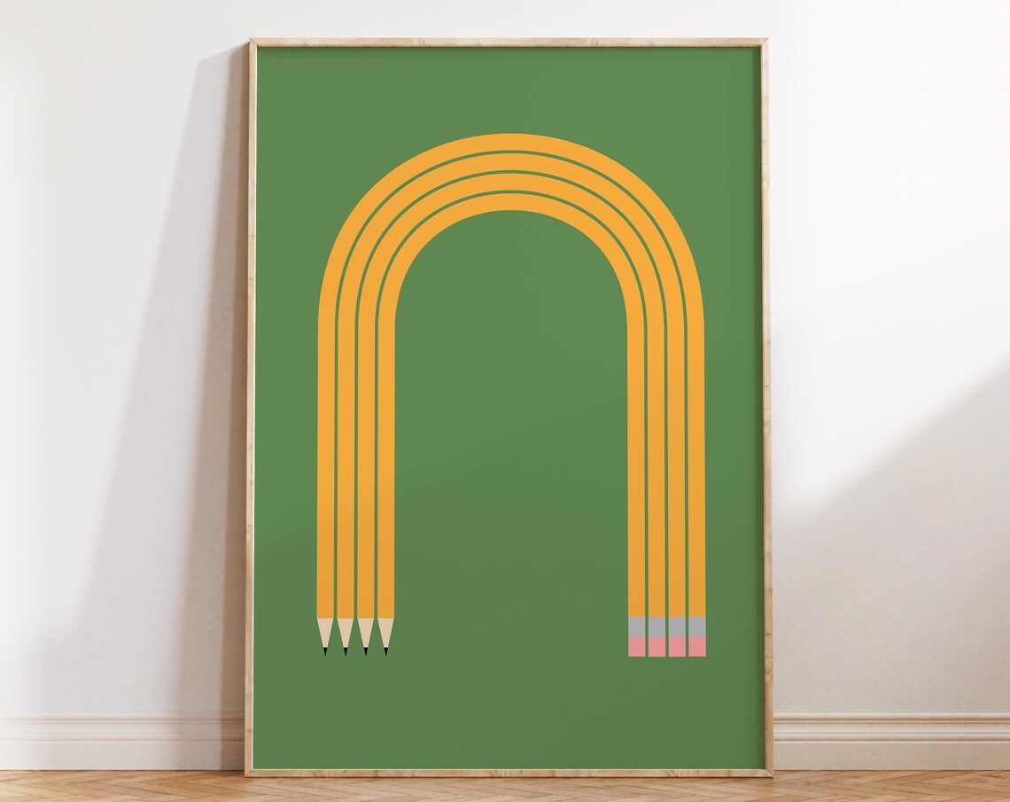 Bent Yellow Pencils Rainbow Arch Green Kids Classroom Wall Art