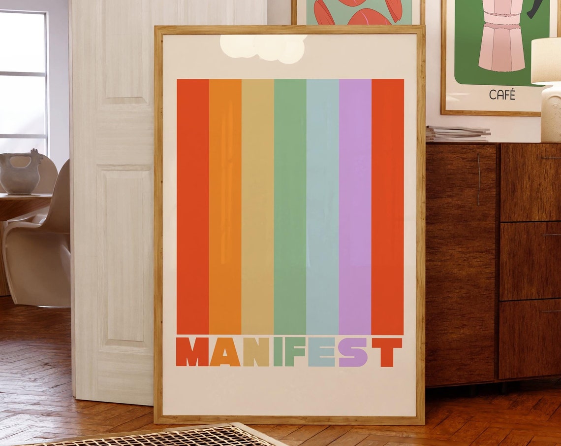 Manifest Rainbow Stripes 70s Inspired Positive Quote Wall Poster - Image 2