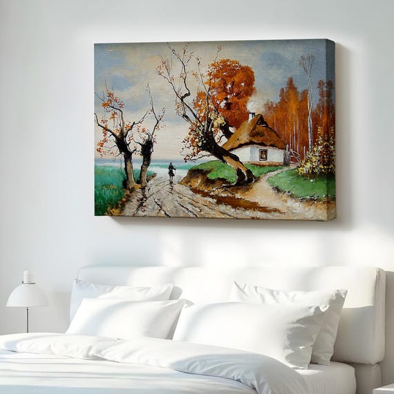 Autumn Village Landscape Decorative Wall Art Nature Canvas Decor Print