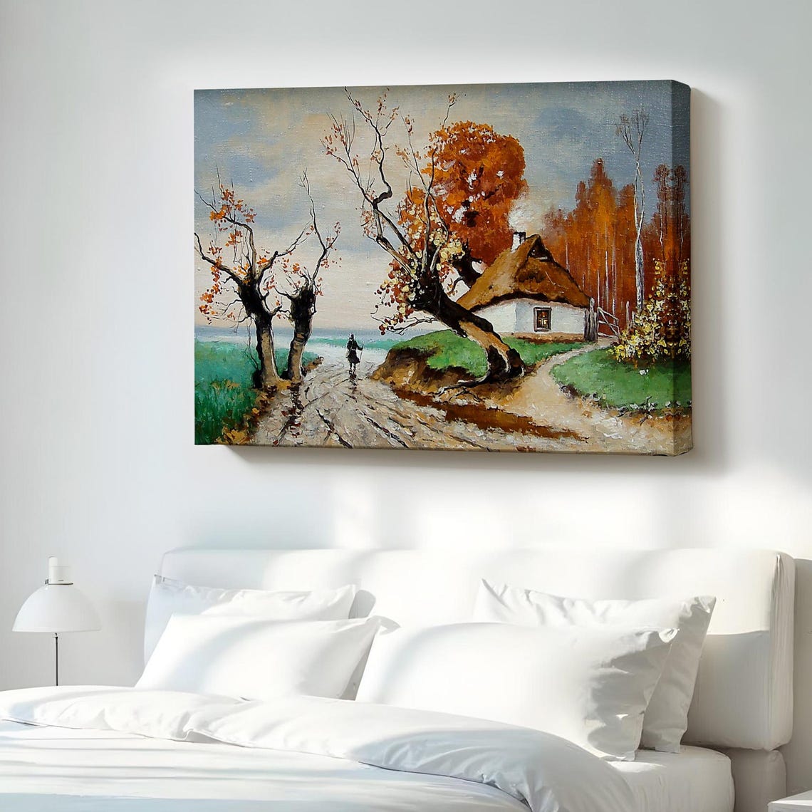 Autumn Village Landscape Decorative Wall Art Nature Canvas Decor Print