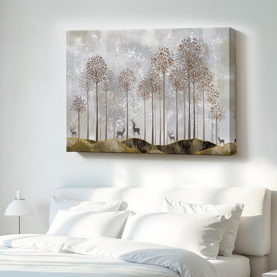 Golden Deer Autumn Forest Tall Birch Trees Nature Landscape Poster