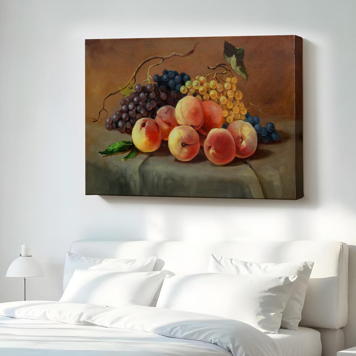 Ripe Peaches and Grapes Classic Still Life Oil Painting Kitchen Art Poster