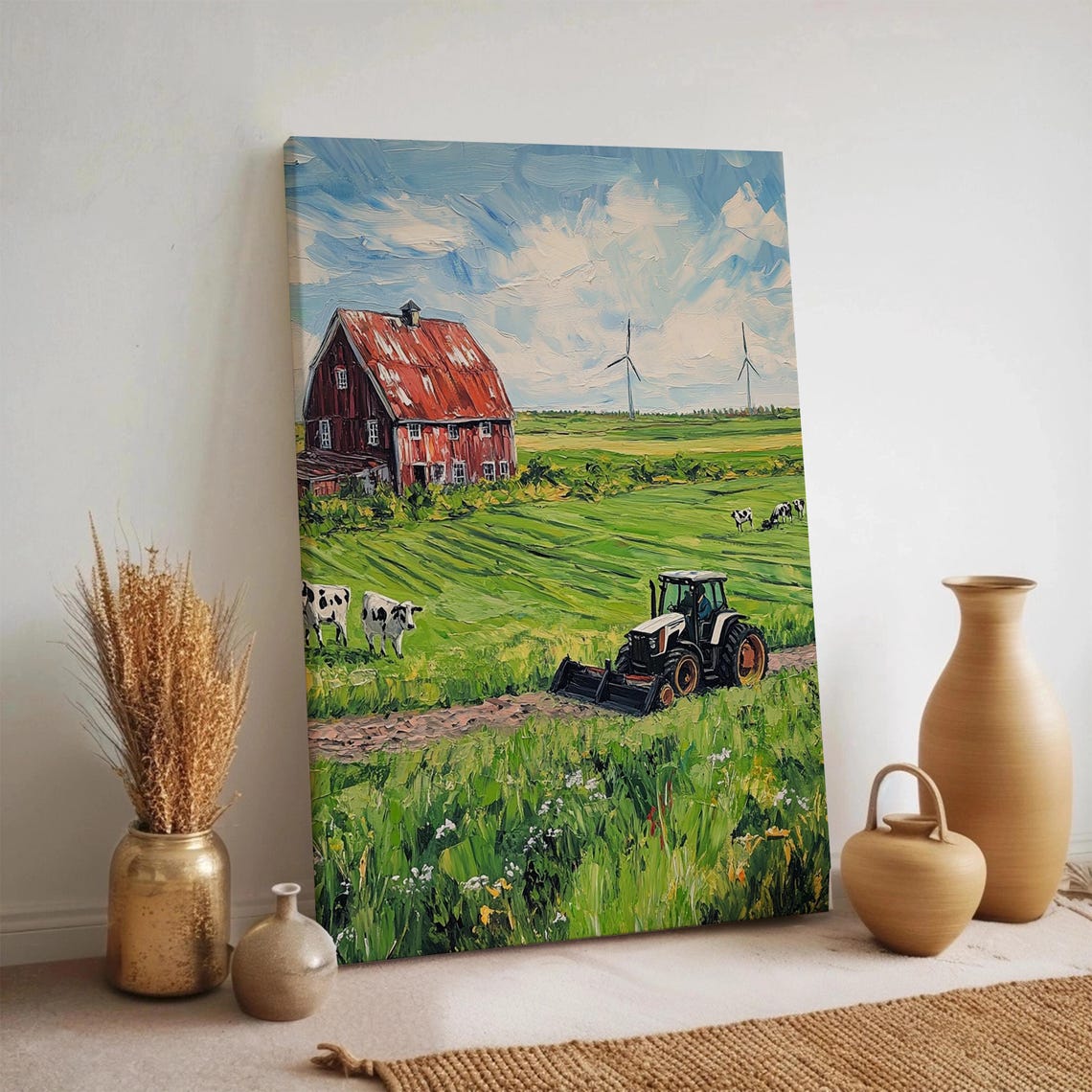 Red Barn Farm Tractor and Cows Pasture Landscape Oil Painting Poster