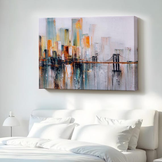 Brooklyn Bridge New York Oil Painting Look Decorative Art Framed Canvas Wall Abstract Print
