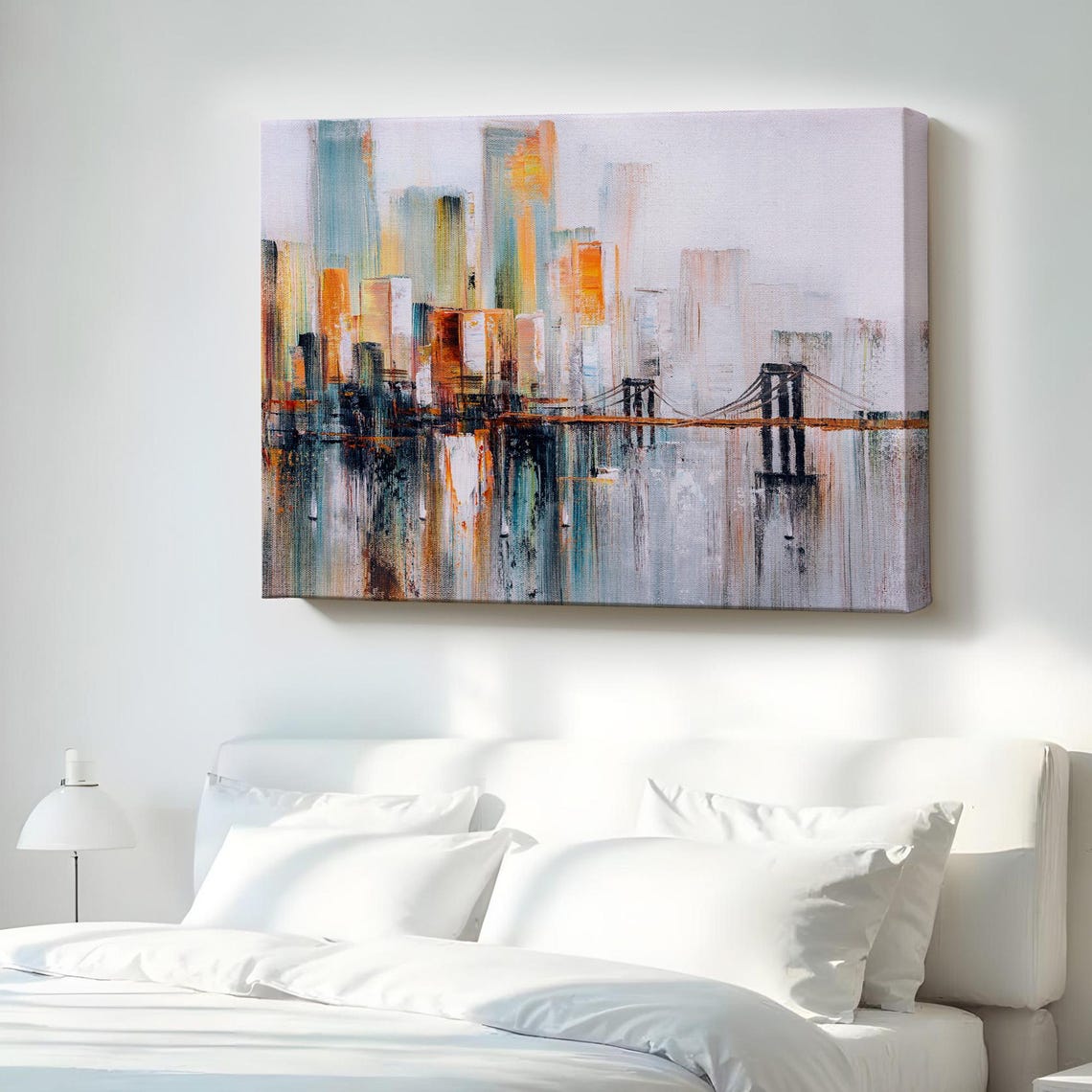 Abstract City Skyline Bridge Over Water Painting Canvas Print