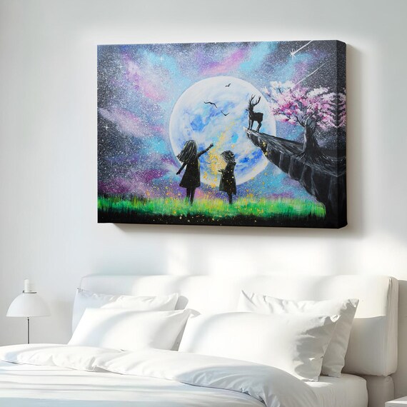 Children Watching The Moon At Night Wall Art Nature Decor Landscape Canvas Table Print