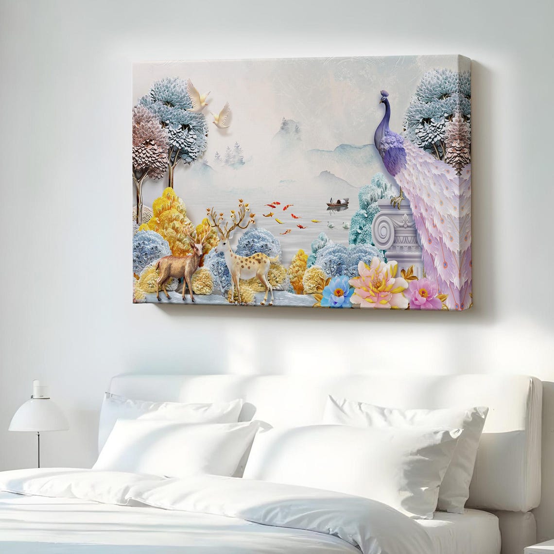 Peacock Deer And Blossoms In A Pastel Lakeside Garden Poster