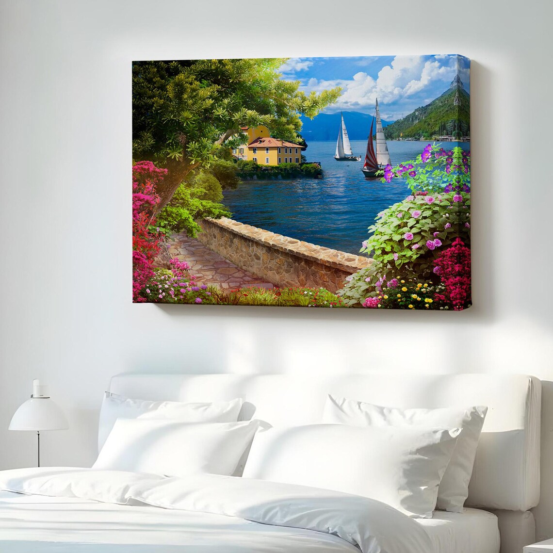 Lakeside Terrace Flower Garden Sailboats Scenic Landscape Poster Art