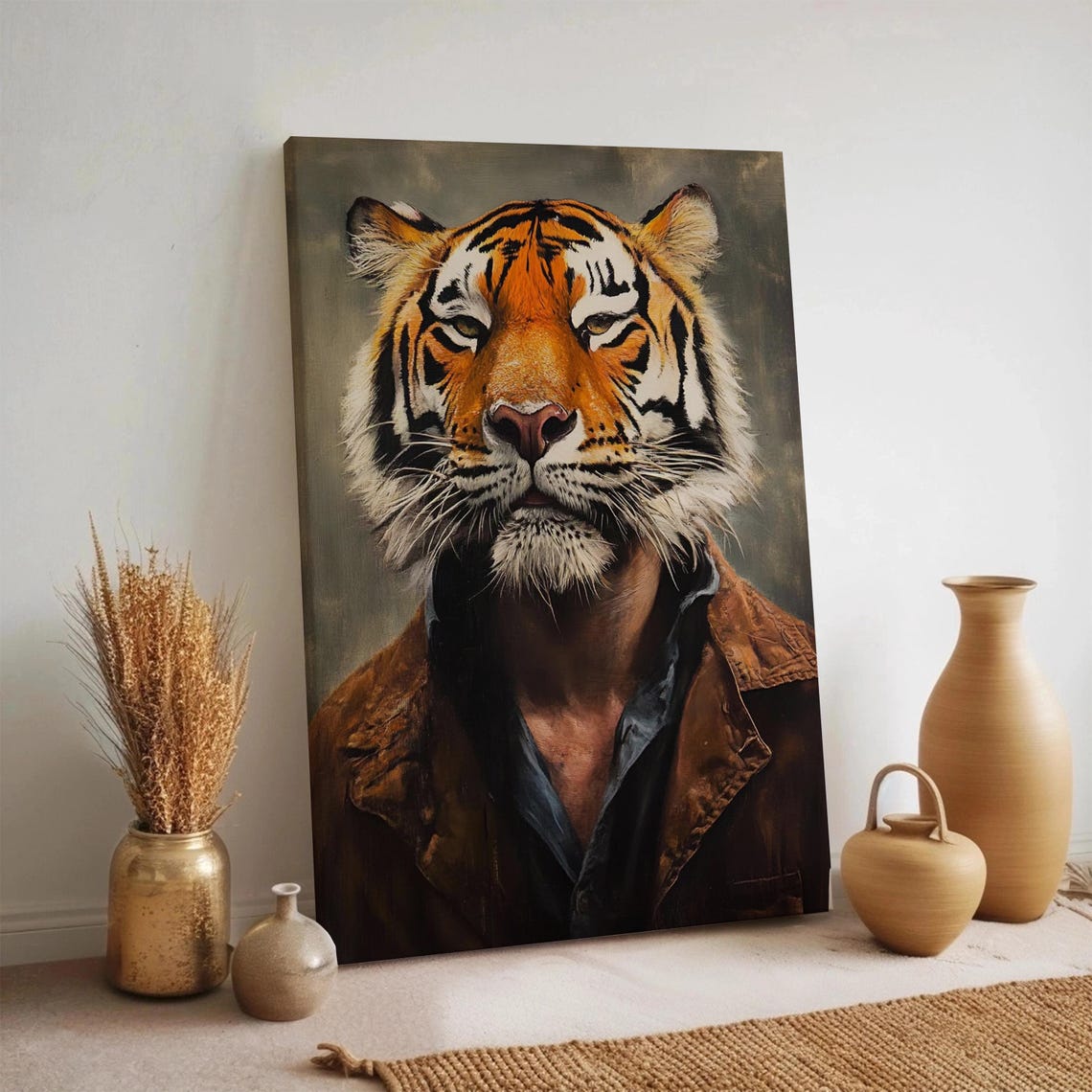 Tiger Man Surreal Oil Painting Portrait Human Body Vintage Style Poster