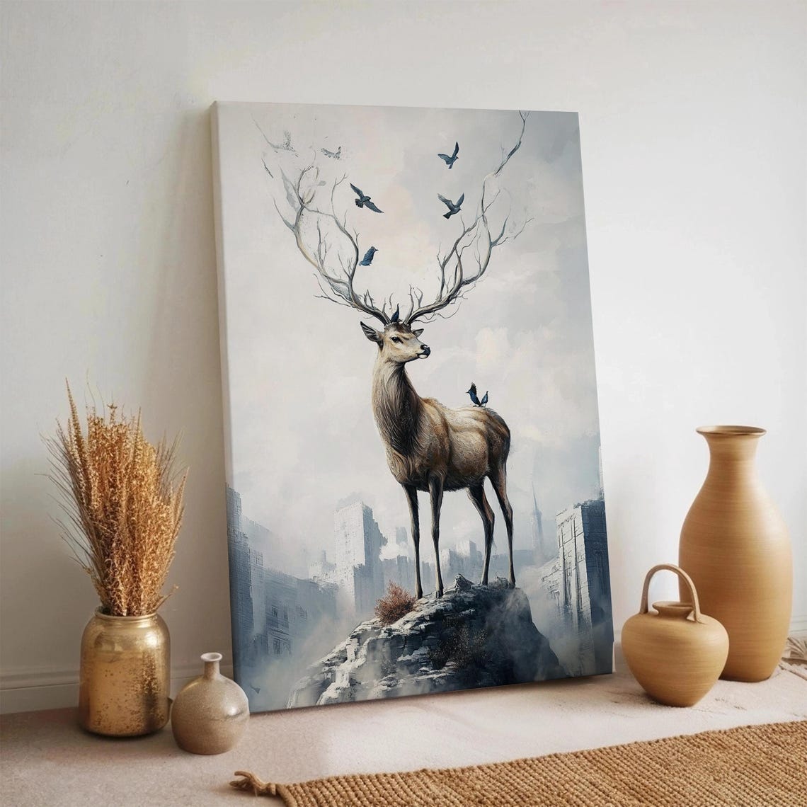Majestic Stag Branch Antlers Misty Cliffs Fantasy Art Poster