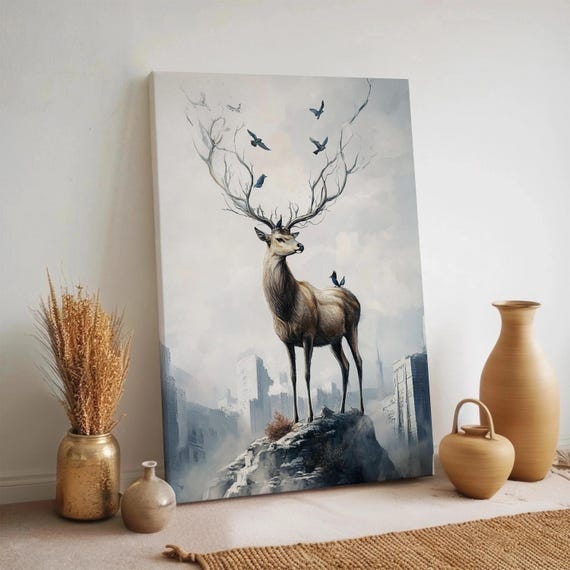 Mystical Deer Wall Art Urban Forest Canvas Nature Spirit Animal Artwork Nordic Wildlife Print Elegant Minimal For Home Decor
