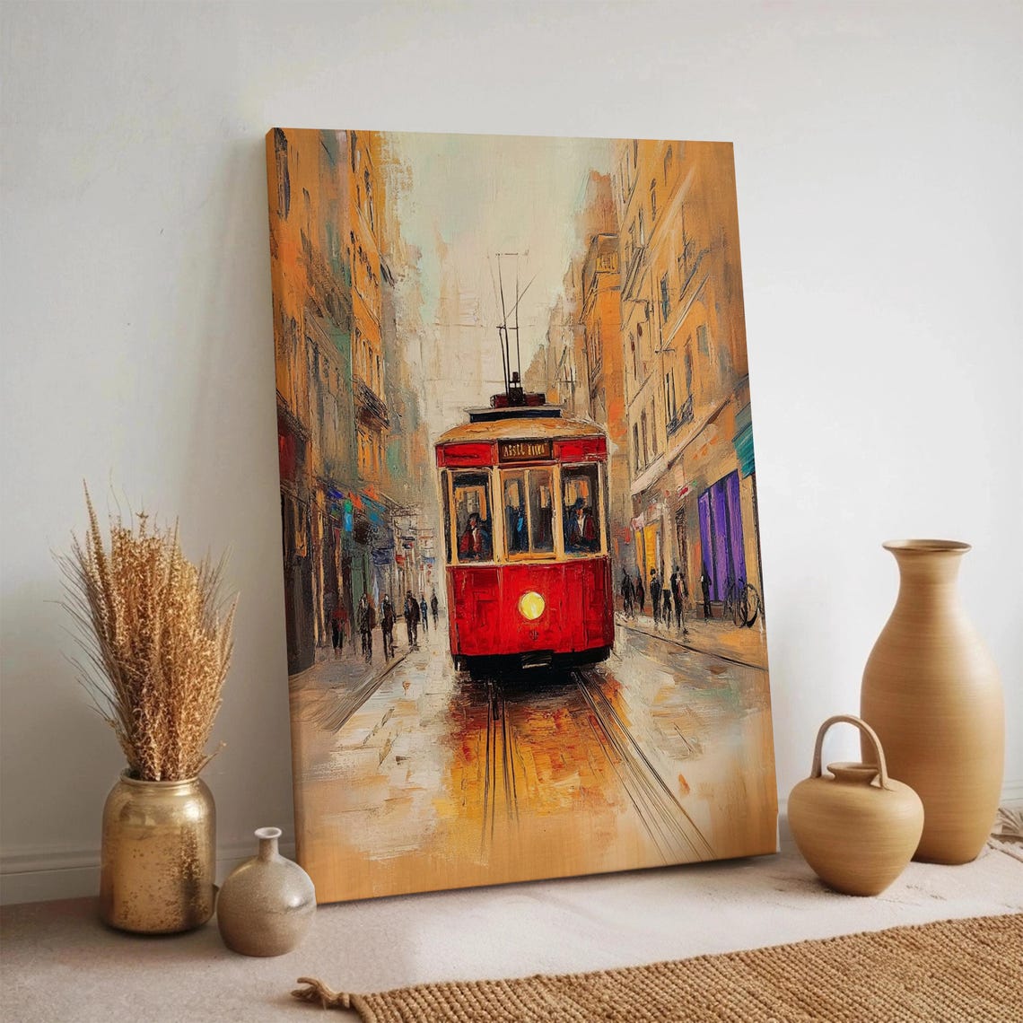 Istanbul Red Tram Canvas Nostaljik Turkish Street Scene Painting Framed City Decor Travel Inspired Urban Print For Living Room Or Hallway