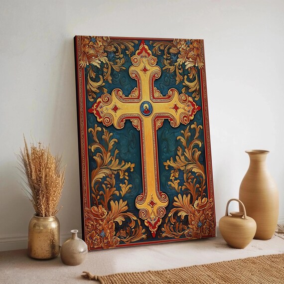 Byzantine Gold Cross Canvas Painting Ornate Christian Decor Religious Poster