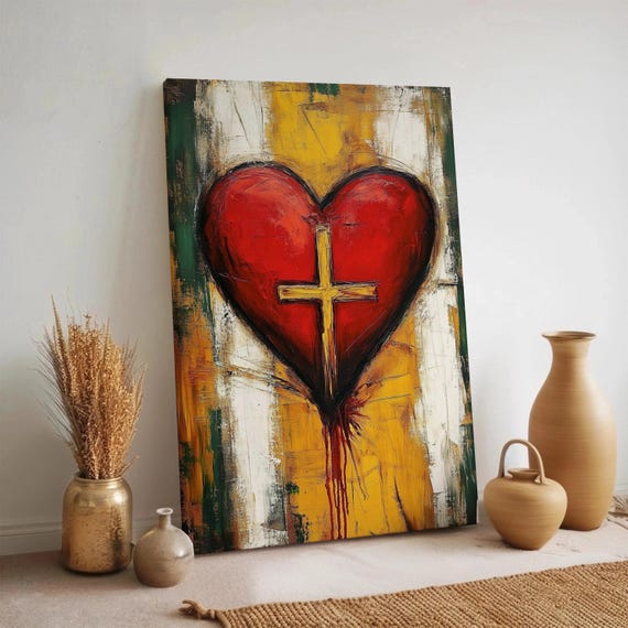 Christian Heart And Cross Canvas Wall Art Modern Abstract Religious Painting Framed Bold Faith Decor Spiritual Expression For Believers