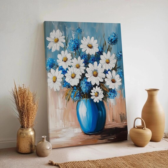 White Daisies in Blue Vase Floral Bouquet Painting Vivid Blue Wall Art