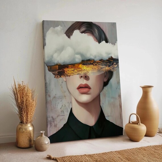 Surreal Canvas Wall Art Woman With Cloud And Landscape Abstract Modern Face Artwork Framed Dreamy Home Decor Gift For Lovers