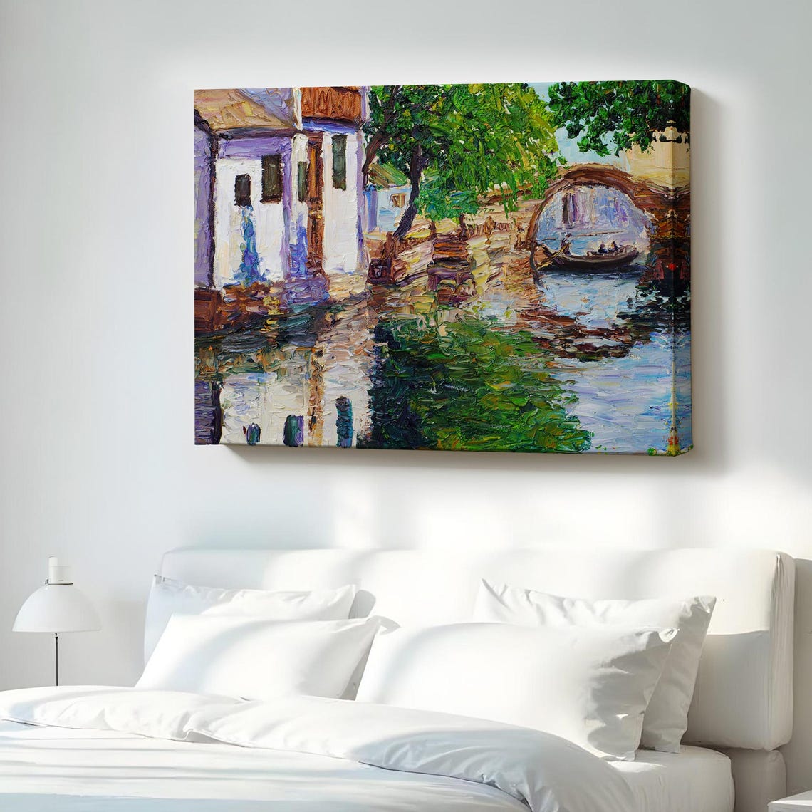 Old Town Canal With Arched Stone Bridge Impasto Oil Painting Print