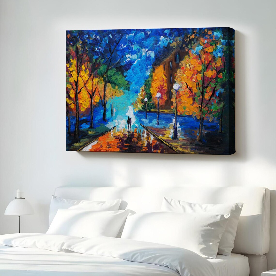 Romantic Couple Walking On A Rainy Lamp Lit Street Colorful Oil Painting Print