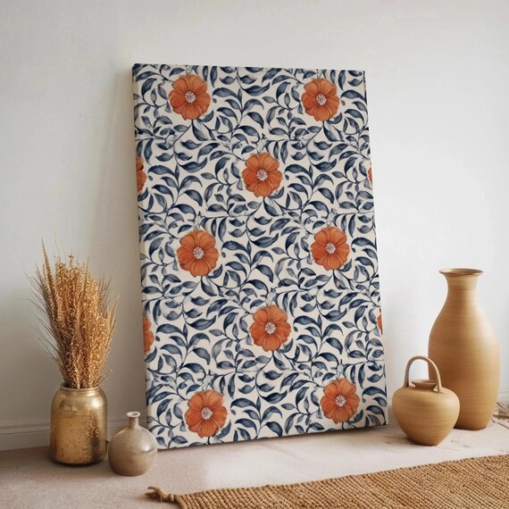 Floral Pattern Canvas Wall Art Turkish Tile Style Print Orange Blue Botanical Artwork Framed Flower Decor Classic Patterned Piece