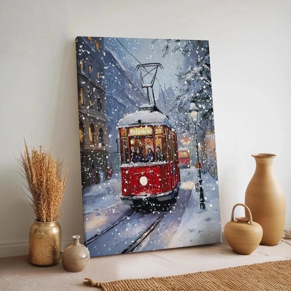 Vintage Red Tram In Snowy Winter Street Nostalgic City Scene Poster