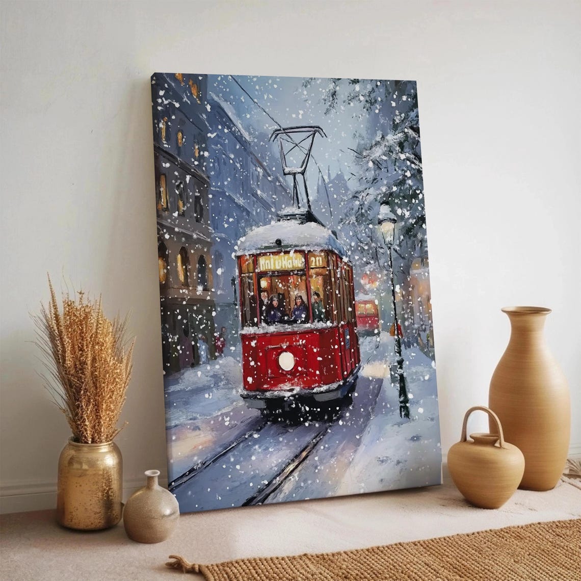 Vintage Red Tram In Snowy Winter Street Nostalgic City Scene Poster