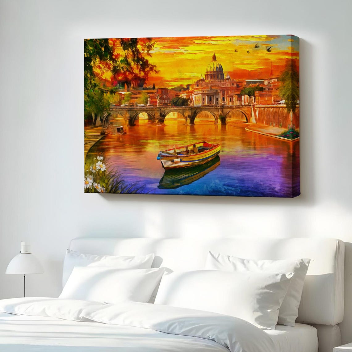 Rome Italy Sunset Tiber River Boat St Peter Dome Oil Canvas Print
