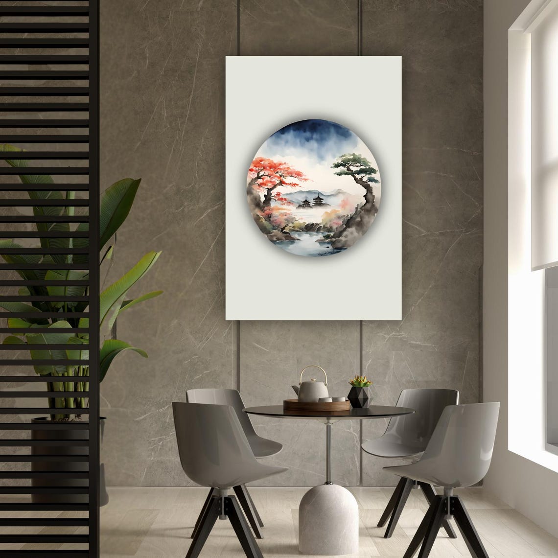 Mount Fuji Red Maple River Circle Watercolor Zen Minimalist Art Print