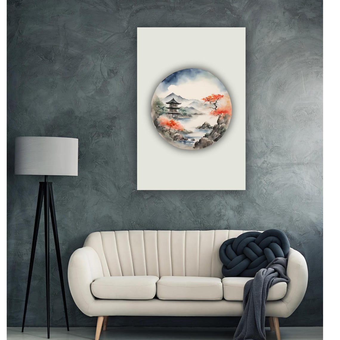 Japanese Pagoda Temple River Autumn Maples Round Window Art Poster