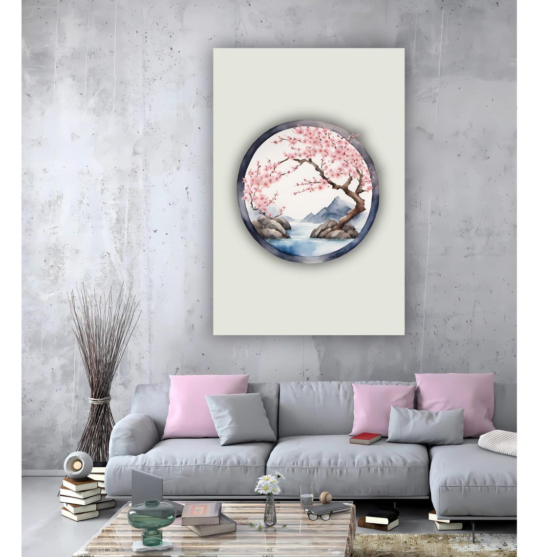 Cherry Blossom Mountain Lake Moon Window Zen Watercolor Art Poster