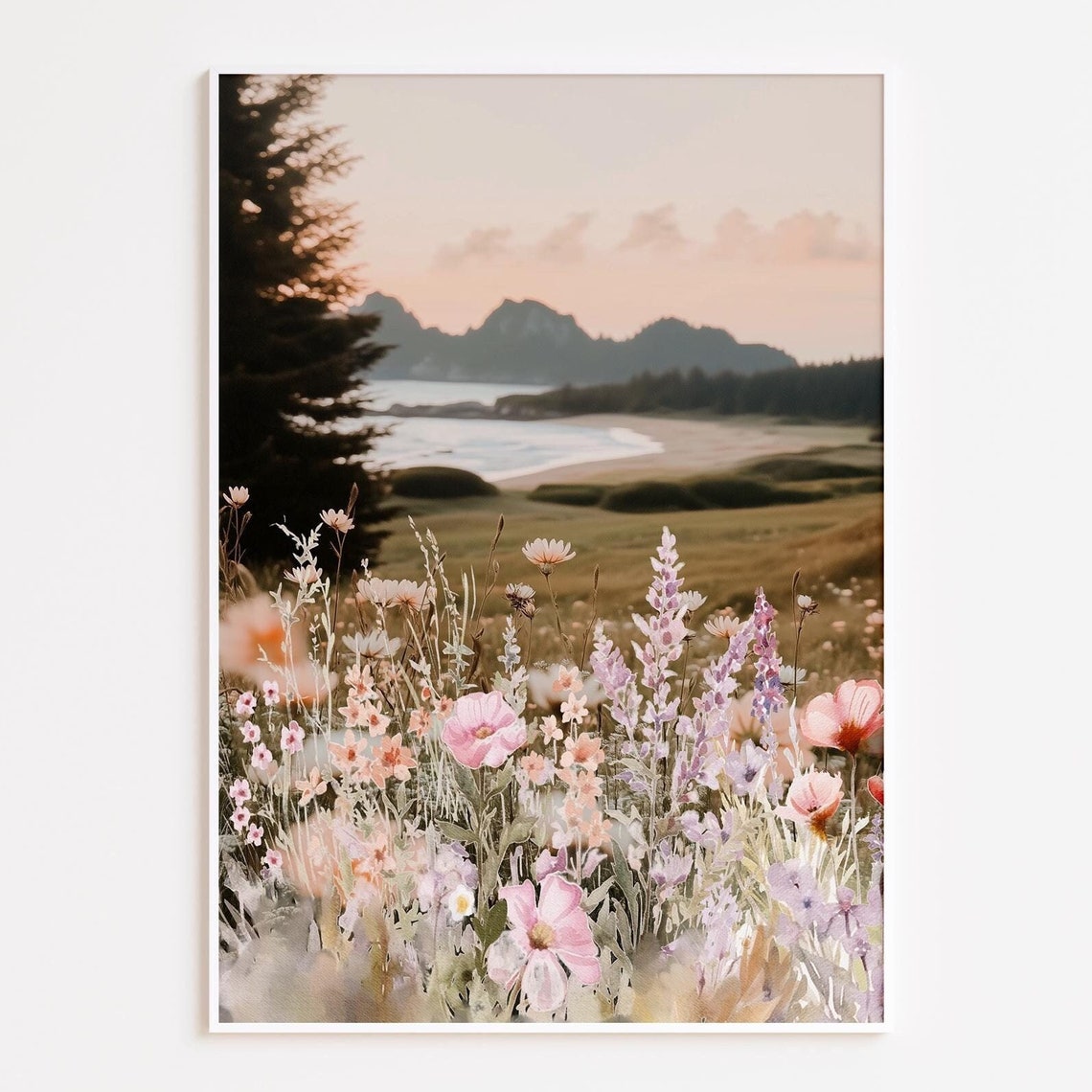 Wildflower Field Coastal Sunset Mountain Landscape Watercolor Poster
