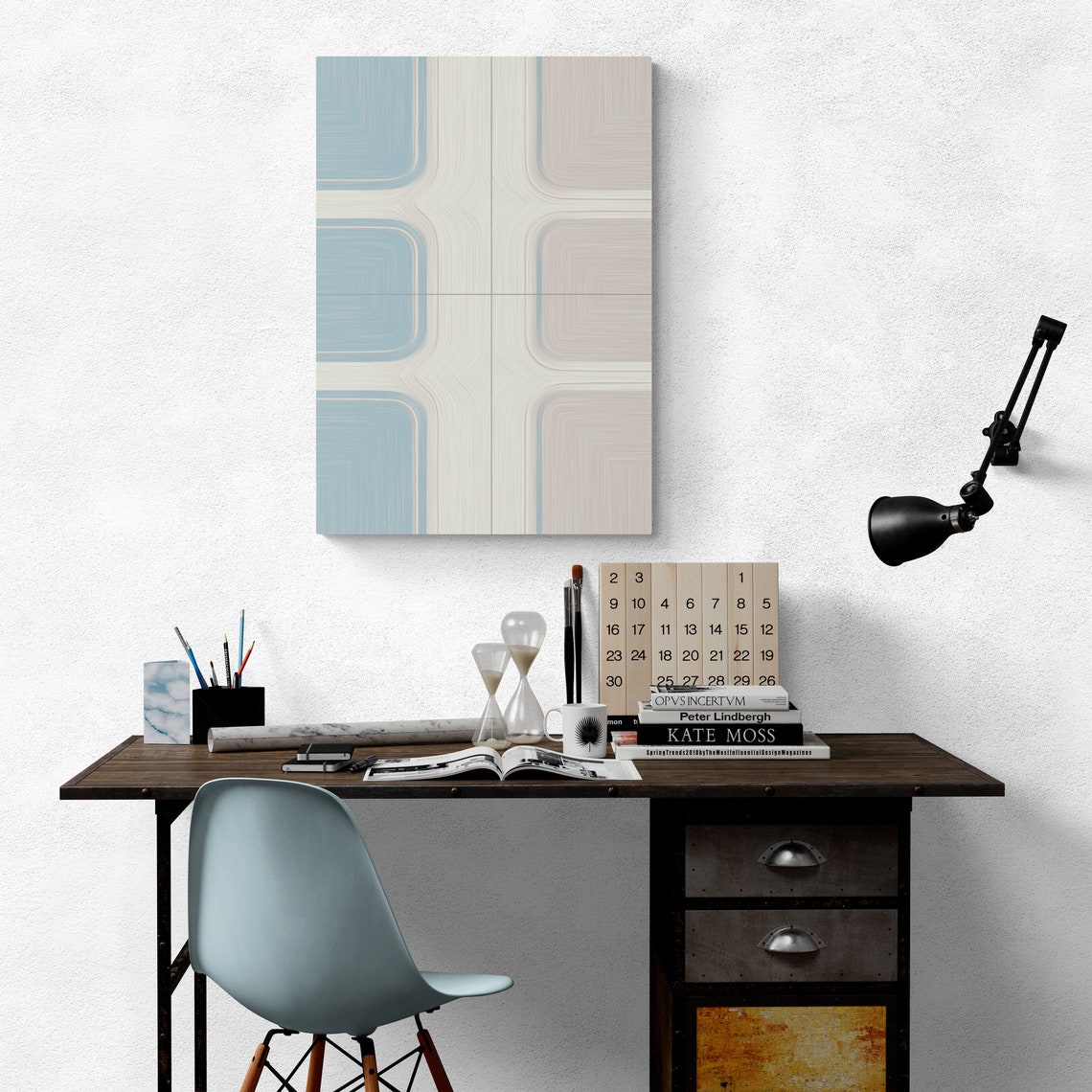 Blue and Beige Geometric Rounded Square Mid Century Art Print - Image 4