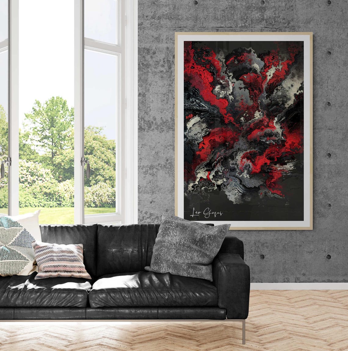 Dark Red Black and Gray Swirling Smoke Marble Abstract Art Print - Image 2