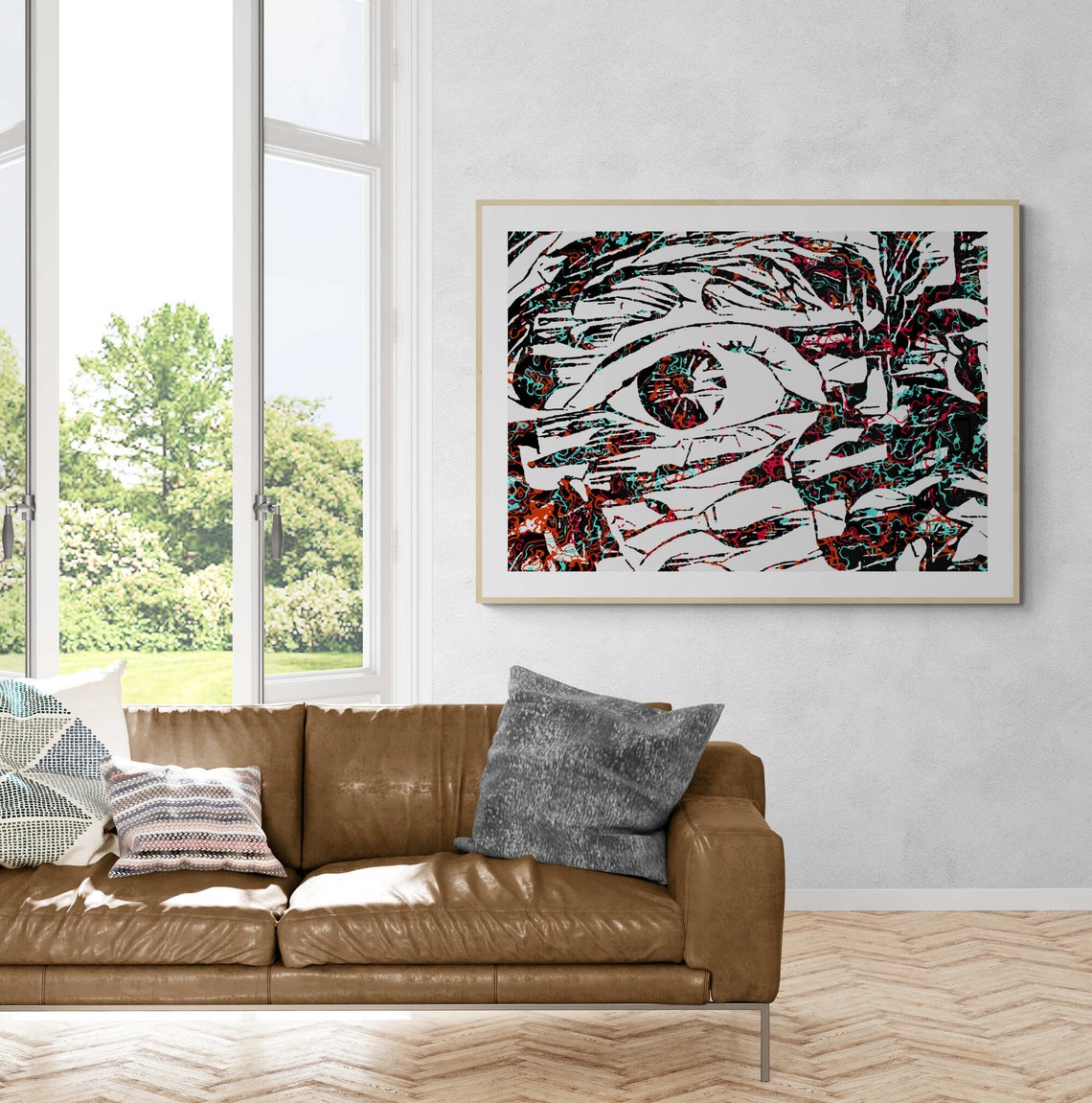 Close Up Eye in Black White with Teal Red Marble Accents Poster - Image 8