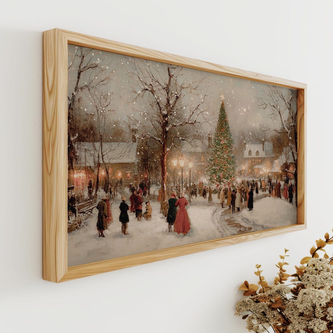 Victorian Christmas Town Square Lit Tree Crowd at Dusk Poster