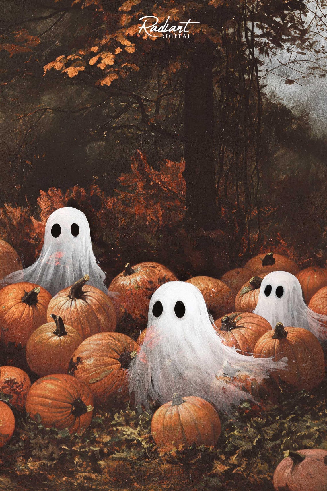 Cheerful Ghosts in Pumpkin Patch Fall Harvest Cute Spooky Poster - Image 3