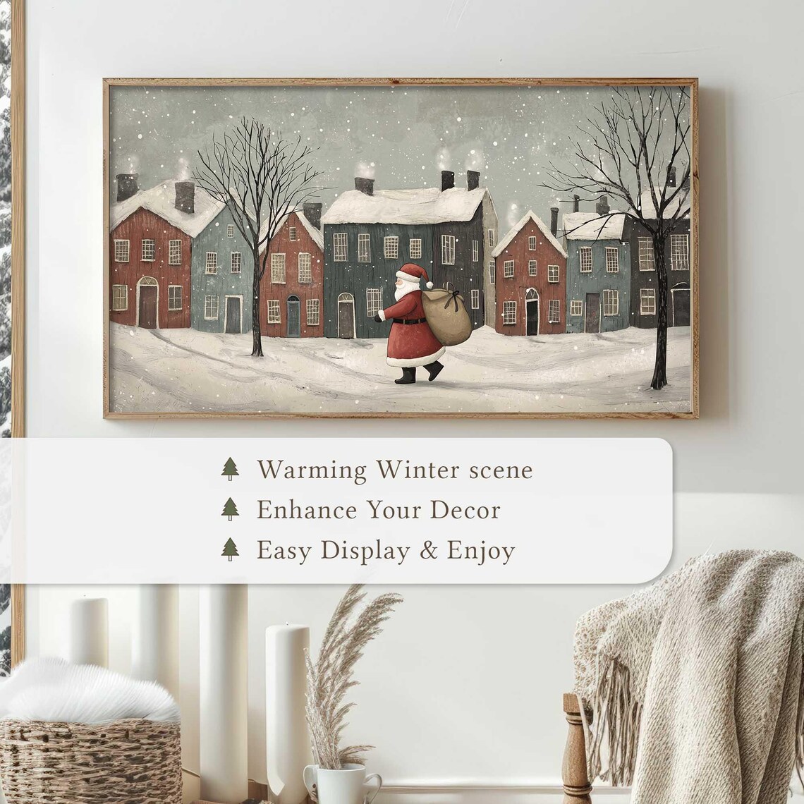 Santa With Toy Sack Snowy Colorful Town Christmas Village Art Poster - Image 4