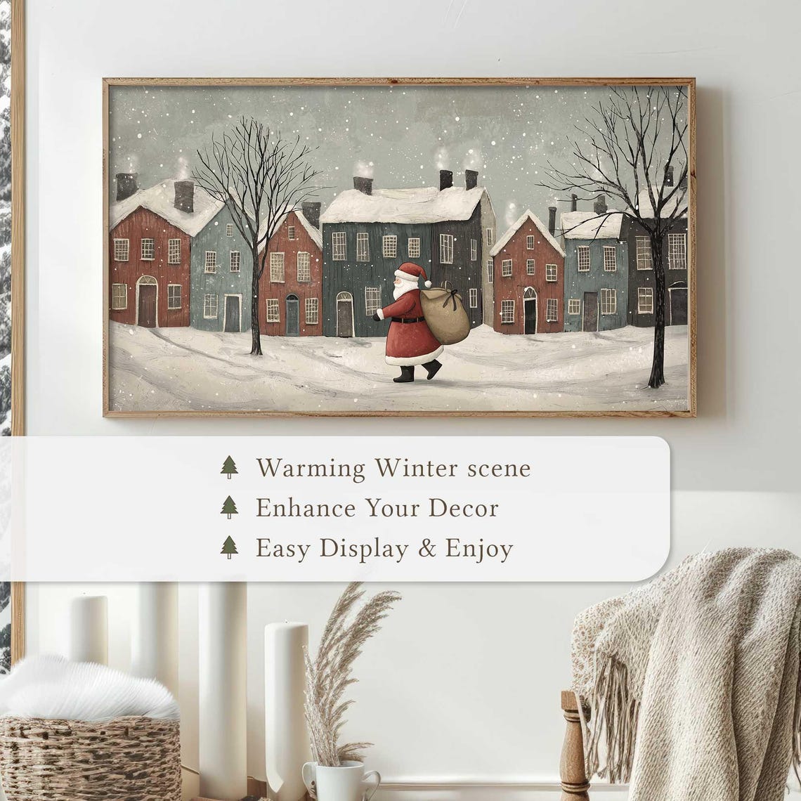 Whimsical Santa Frame Tv Art Vintage Christmas Village Santa Walking In Snow Festive Holiday Scene Tv Art Cozy Christmas Tv Decor - Image 4