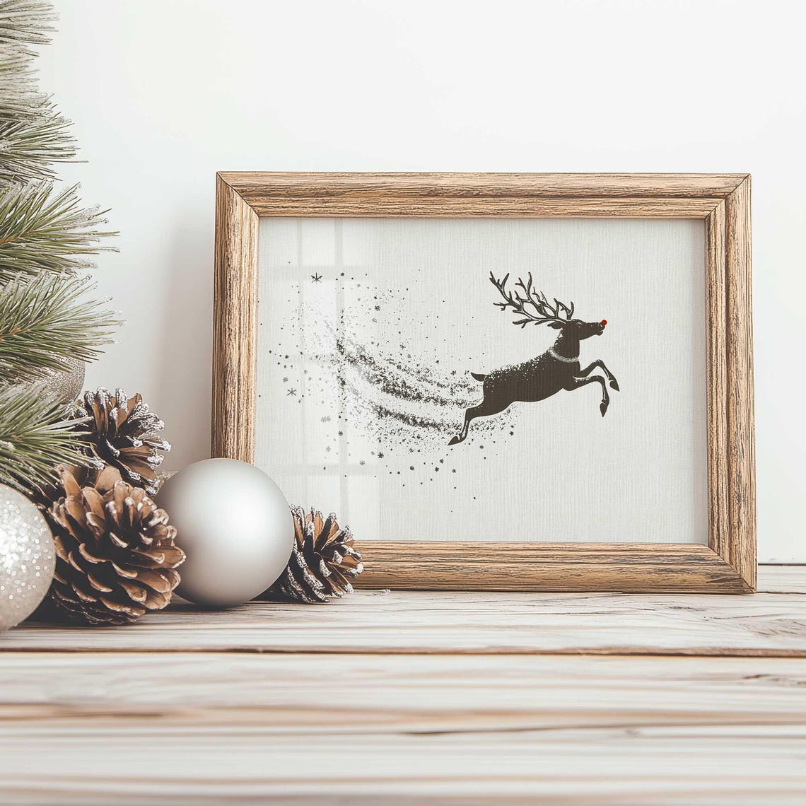 Red Nosed Reindeer Leaping Charcoal Silhouette Snowy Sparkle Poster - Image 2