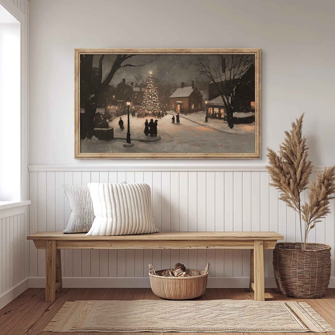 Snowy Christmas Village Night Scene with Glowing Tree Poster - Image 3