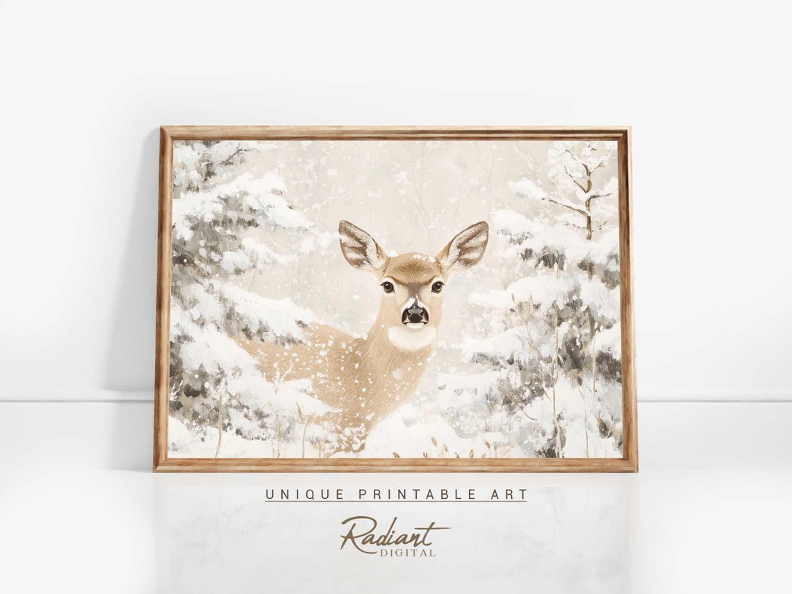 Winter Deer Doe Snowy Forest Portrait Rustic Woodland Wall Art