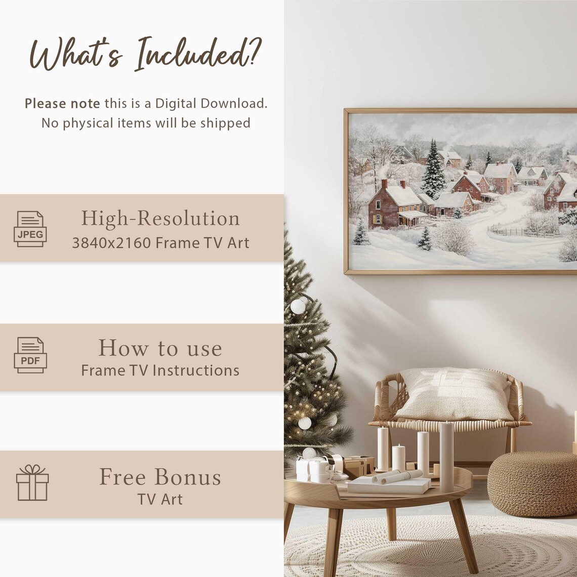 Vintage Snowy Farmhouse Village Red Brick Homes Winter Wall Art - Image 5
