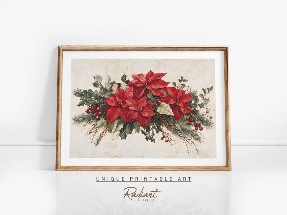 Red Poinsettia Christmas Floral Arrangement Berries Pine Wall Art