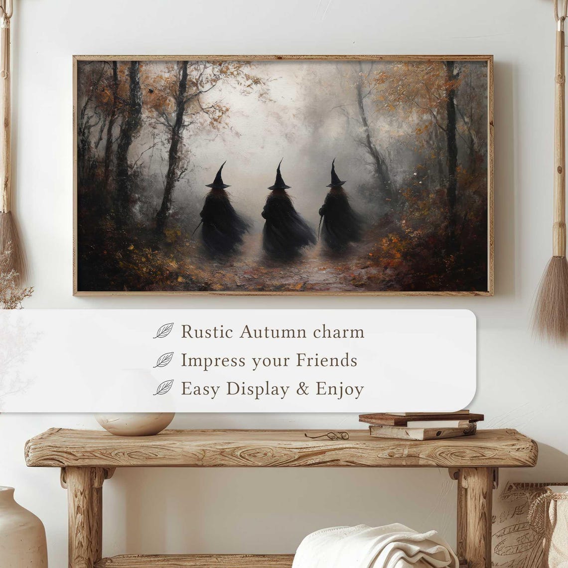 Three Witches Vanishing Into Foggy Autumn Woods Halloween Poster - Image 4